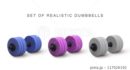 3d colorful set dumbbells on white background. Vector illustration. 117026192