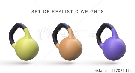 3d realistic set Kettlebells. Vector illustration. 117026310