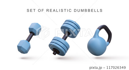 3d realistic set dumbbells on white background. Vector illustration. 3d realistic set dumbbells on white background. Vector illustration. 117026349