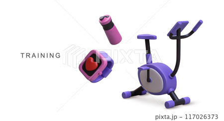 3d realistic fitness bracelet, Shaker water bottle and exercise bike. Vector illustration. 3d realistic fitness bracelet, Shaker water bottle and exercise bike. Vector illustration. 117026373