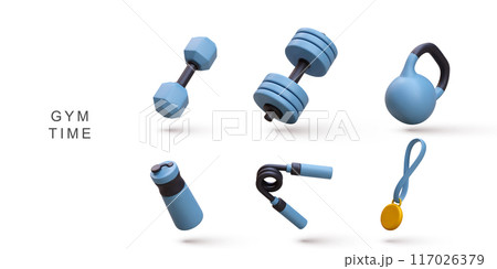 3d realistic set gym time concept on white background. Vector illustration. 3d realistic set gym time concept on white background. Vector illustration. 117026379