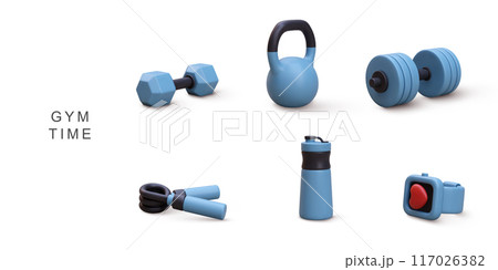 3d realistic set gym time on white background. Vector illustration. 117026382