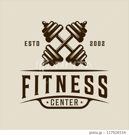 barbell or dumbbell logo vector vintage illustration template icon graphic design. gym and fitness sign or symbol for sport business gymnasium with retro typography style 117026534