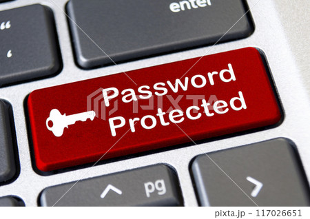 Password protected on red laptop keyboard button. Security and password concept Password protected on red laptop keyboard button. Security and password concept 117026651