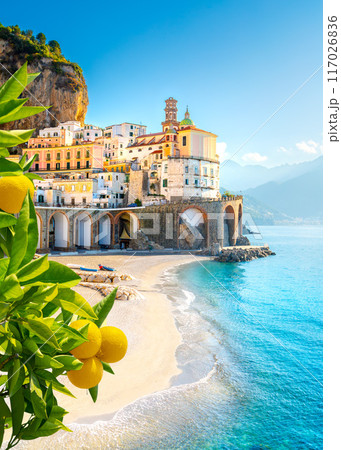 Beautiful view of Amalfi on the Mediterranean coast with lemons in the foreground, Italy 117026836