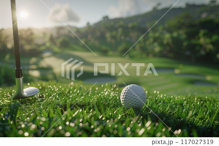 Golf club and ball on lush green course at sunrise. Picturesque landscape with well-manicured grass and golf holes in the background. 117027319