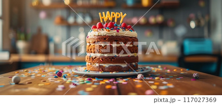 A homemade layer cake decorated with fresh berries and a happy birthday topper, set on a rustic wooden table in a cozy kitchen. 117027369