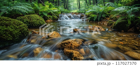 A serene forest stream flowing over rocks surrounded by lush ferns and greenery, captured in a tranquil nature landscape scene. 117027370