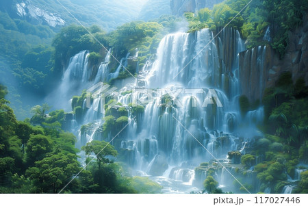 Breathtaking waterfall cascading down lush green cliffs, surrounded by mist and dense forest, creating a serene and picturesque landscape. Breathtaking waterfall cascading down lush green cliffs, surrounded by mist and dense forest, creating a serene and picturesque landscape. 117027446