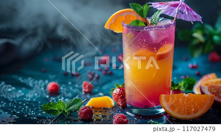 Colorful tropical cocktail with orange slices, mint, and an umbrella, surrounded by fresh fruits on a misty background. 117027479