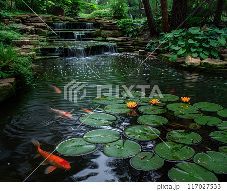 Serene garden pond with koi fish, water lilies, and a cascading waterfall surrounded by lush greenery. 117027533