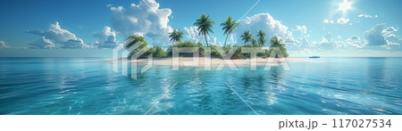 Serene tropical island with palm trees surrounded by crystal clear blue ocean and bright sky, perfect for relaxing vacations and travel dreams. Serene tropical island with palm trees surrounded by crystal clear blue ocean and bright sky, perfect for relaxing vacations and travel dreams. 117027534