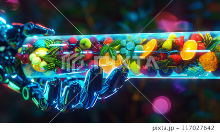 Futuristic robotic hand holding a test tube filled with fresh fruits, symbolizing health and technology advancements. 117027642