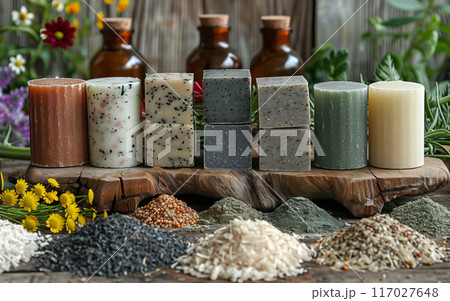 Handcrafted natural soaps with organic ingredients displayed with herbs and essential oils on rustic wooden background. 117027648