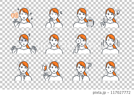 Young woman facial expression variation illustration set material 117027772