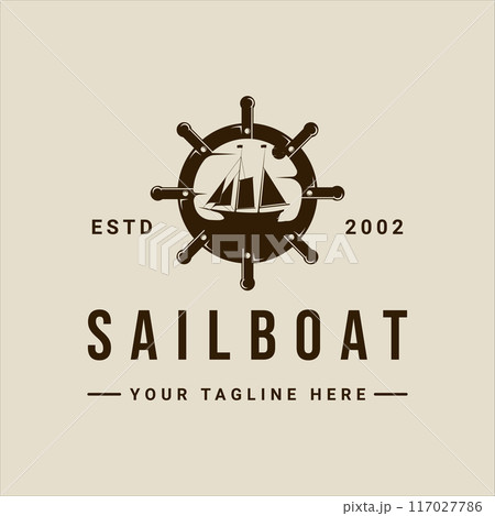 sailing ship inside steering wheel logo vintage vector illustration template icon graphic design. retro marine boat sign or symbol for print t-shirt concept travel business 117027786