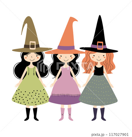 Three young girls dressed witches Halloween, holding hands, smiling, cartoon witches. Cute children colorful witch costumes hats, celebration, holiday, whimsical drawing. Happy female cartoon 117027901