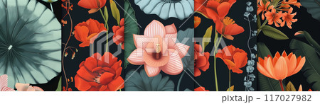 Vibrant floral pattern with various colorful flowers including lilies, roses, and lotuses on a dark background. 117027982