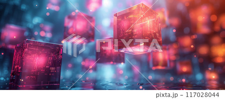 Abstract digital circuitry and data blocks in vibrant colors, representing futuristic technology, blockchain, and quantum computing concepts. Abstract digital circuitry and data blocks in vibrant colors, representing futuristic technology, blockchain, and quantum computing concepts. 117028044