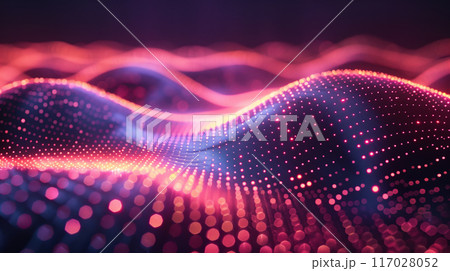 Abstract futuristic glowing wave of particles. Technology, science, and big data visualization. Neon digital landscape with motion dots. Abstract futuristic glowing wave of particles. Technology, science, and big data visualization. Neon digital landscape with motion dots. 117028052
