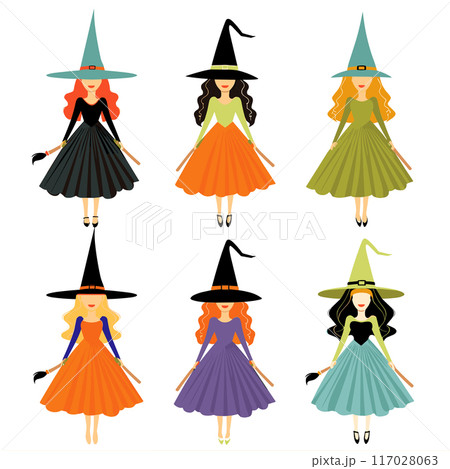 Six cartoon witches, various dress colors, pointy hats. Female witches, Halloween costumes, illustrated characters. Witches different hair colors, flying brooms, isolated 117028063