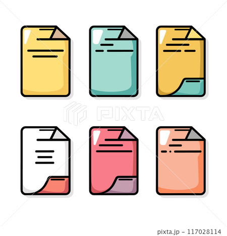 Six colorful document icons featuring flat design. Icons represent different file types statuses. Bold outlines soft shadows add depth Six colorful document icons featuring flat design. Icons represent different file types statuses. Bold outlines soft shadows add depth 117028114
