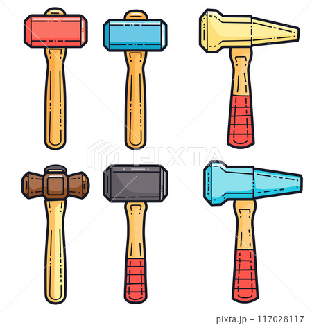 Collection various hammers, colorful cartoon style, tools construction, carpentry, repair. Six different types hammers, primary colors, hand tools, isolated white background, equipment DIY tasks Collection various hammers, colorful cartoon style, tools construction, carpentry, repair. Six different types hammers, primary colors, hand tools, isolated white background, equipment DIY tasks 117028117