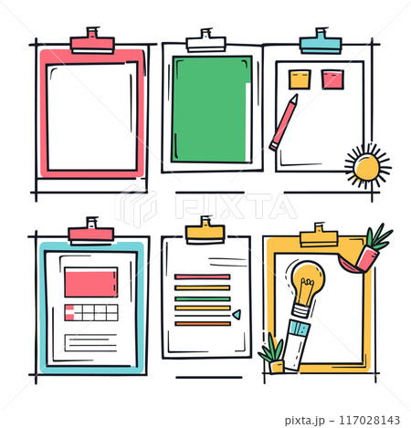 Colorful vector illustration various clipboards blank papers, design diagrams, creative elements. Different colored clipboards include elements postits, pencil, sun drawing, lightbulb idea. Line art Colorful vector illustration various clipboards blank papers, design diagrams, creative elements. Different colored clipboards include elements postits, pencil, sun drawing, lightbulb idea. Line art 117028143