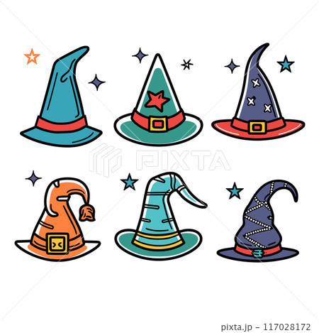 Collection various colorful witch hats adorned stars buckles, magical headwear concepts. Six different cartoon style wizard witch hats isolated white background, fantasy costume accessory. Brightly 117028172