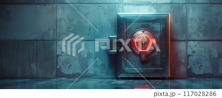 Steel vault door, dimly lit by neon lights, conveying security and protection. Industrial setting with a futuristic touch. Steel vault door, dimly lit by neon lights, conveying security and protection. Industrial setting with a futuristic touch. 117028286