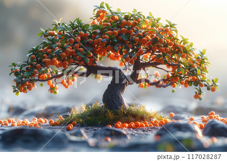 Stunning photo of a miniature tree full of ripe orange berries, captured with a soft-focus background in natural light. Stunning photo of a miniature tree full of ripe orange berries, captured with a soft-focus background in natural light. 117028287