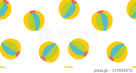 Seamless beach ball repeating background pattern. Flat Summer Toy in colors of blue, green, yellow Isolated on white background. Cartoon Vector Template Illustration for Fabric And Textile Print. Seamless beach ball repeating background pattern. Flat Summer Toy in colors of blue, green, yellow Isolated on white background. Cartoon Vector Template Illustration for Fabric And Textile Print. 117028372