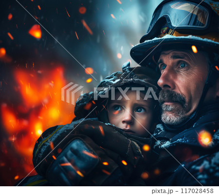 Brave firefighter rescues a child during a...のイラスト素材 [117028458] - PIXTA
