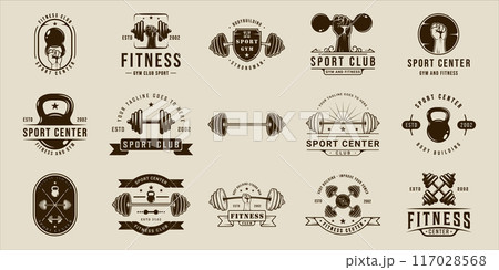 set of gym or fitness logo sport line vintage vector illustration template icon graphic design. bundle collection of various body building sign or symbol for training center concept typography 117028568