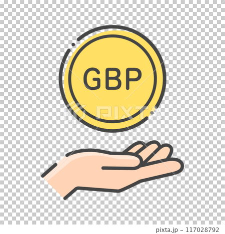 GBPの文字が入ったコインと人の手のシンプルなアイコン- 英ポンド･外貨のイメージ素材 117028792
