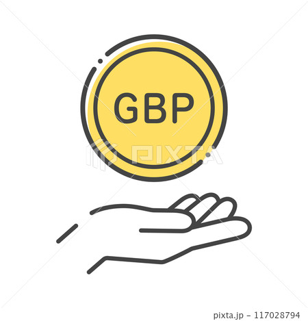 GBPの文字が入ったコインと人の手のシンプルなアイコン- 英ポンド･外貨のイメージ素材 117028794
