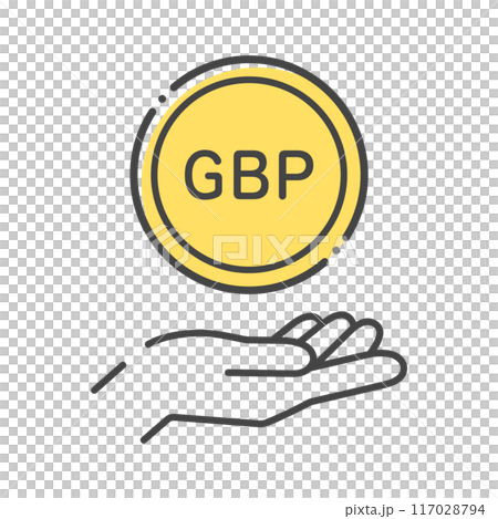 GBPの文字が入ったコインと人の手のシンプルなアイコン- 英ポンド･外貨のイメージ素材 117028794
