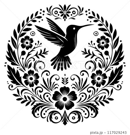 Elegant Black and White Floral Bird Silhouette Illustration features intricate floral motifs, perfect for invitations, wall art, and digital projects. 117029243