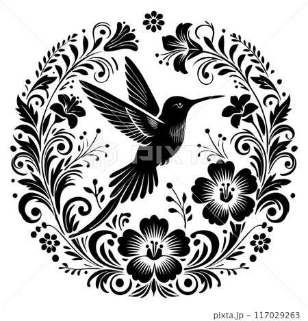 Elegant Black and White Floral Bird Silhouette Illustration features intricate floral motifs, perfect for invitations, wall art, and digital projects. 117029263