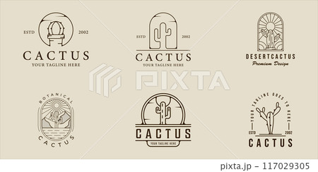 set of cactus line art logo vector simple minimalist illustration template icon graphic design. bundle collection of various botanical at desert sign or symbol environment with badge typography 117029305