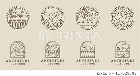 set of mountain and lake logo line art vector simple minimalist illustration template icon graphic design. bundle collection of various adventure and outdoors sign or symbol for travel business 117029308