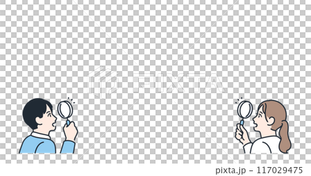 年輕男女透過放大鏡觀察的彩色插圖集 117029475