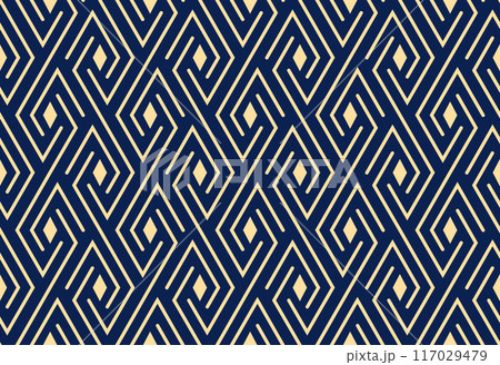 Abstract geometric pattern. A seamless vector background. Golden and dark blue ornament. Graphic modern pattern. Simple lattice graphic design Abstract geometric pattern. A seamless vector background. Golden and dark blue ornament. Graphic modern pattern. Simple lattice graphic design 117029479