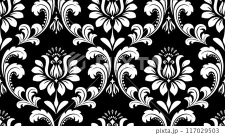 Wallpaper in the style of Baroque. Seamless vector background. White and black floral ornament. Graphic pattern for fabric, wallpaper, packaging. Ornate Damask flower ornament. 117029503