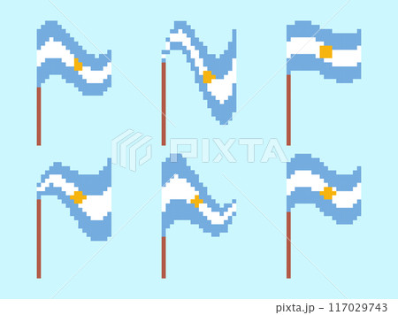 Pixel Argentina flag icon set isolated on white background. Waving Argentina flag in pixel art style. 8-bit retro graphics from the 80s. Design for banner, poster and covers. Vector illustration Pixel Argentina flag icon set isolated on white background. Waving Argentina flag in pixel art style. 8-bit retro graphics from the 80s. Design for banner, poster and covers. Vector illustration 117029743