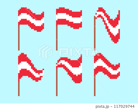 Pixel Austria flag icon set isolated on white background. Waving flag of Austria in 8-bit retro graphics style from the 80s. Design in pixel art style for banners and posters. Vector illustration Pixel Austria flag icon set isolated on white background. Waving flag of Austria in 8-bit retro graphics style from the 80s. Design in pixel art style for banners and posters. Vector illustration 117029744
