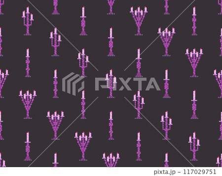 Seamless pattern of pixel candlesticks. Candlestick with candles in 8-bit style. Candlestick with burning candles. Design for wallpapers, wrappers, covers and banners. Vector illustration Seamless pattern of pixel candlesticks. Candlestick with candles in 8-bit style. Candlestick with burning candles. Design for wallpapers, wrappers, covers and banners. Vector illustration 117029751