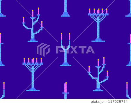 Seamless pattern of pixel candlesticks. Candlestick with candles in 8-bit style. Candlestick with burning candles. Design for wallpapers, wrappers, covers and banners. Vector illustration 117029754