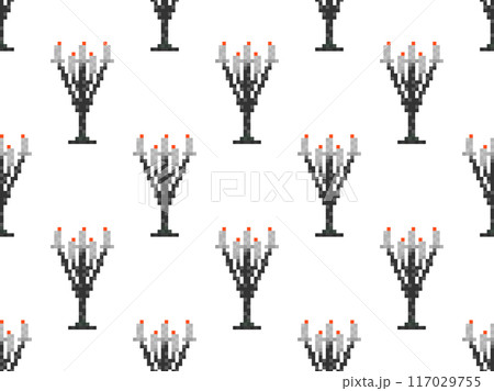 Seamless pattern of pixel candlesticks. Candlestick with candles in 8-bit style. Candlestick with burning candles. Design for wallpapers, wrappers, covers and banners. Vector illustration Seamless pattern of pixel candlesticks. Candlestick with candles in 8-bit style. Candlestick with burning candles. Design for wallpapers, wrappers, covers and banners. Vector illustration 117029755