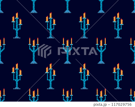 Seamless pattern of pixel candlesticks. Candlestick with candles in 8-bit style. Candlestick with burning candles. Design for wallpapers, wrappers, covers and banners. Vector illustration 117029756